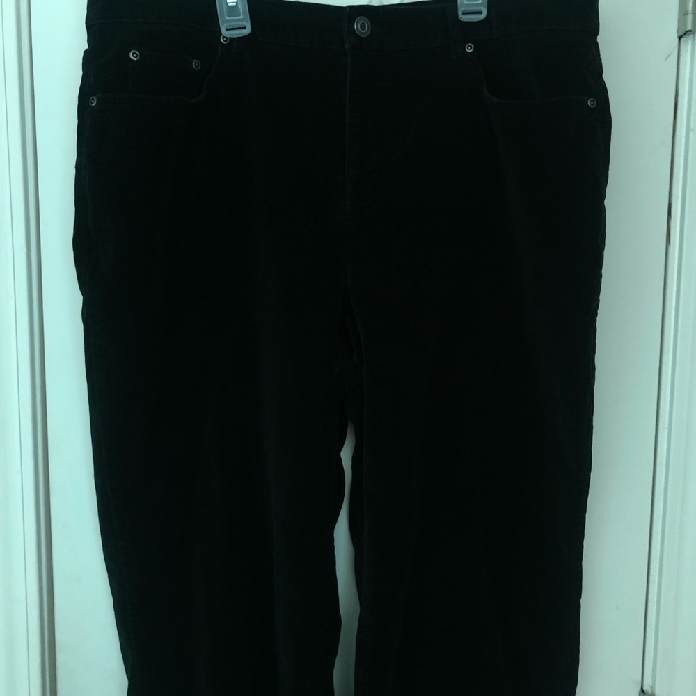 Very attractive black pants. Velveteen and straight leg with a little flare.